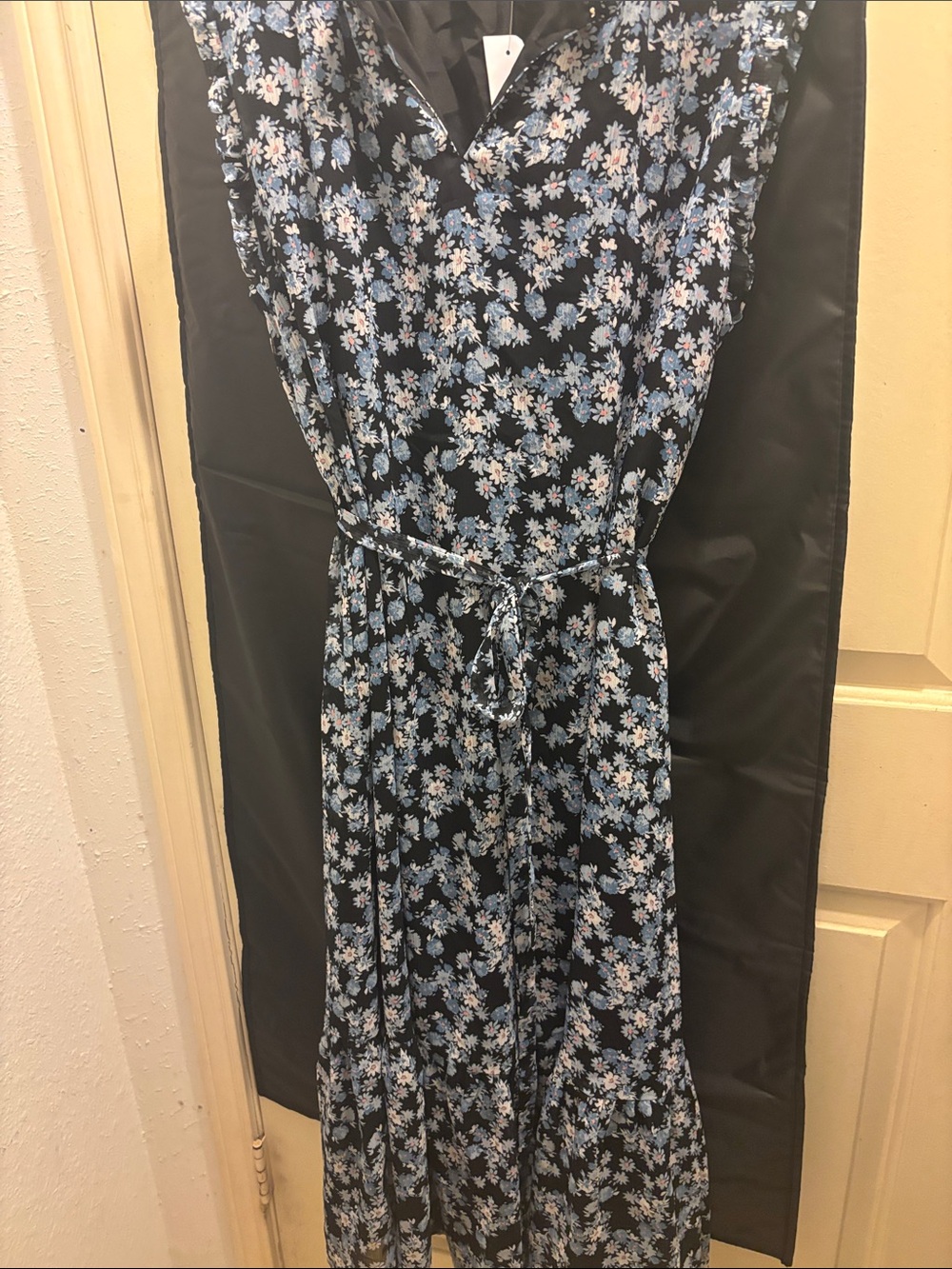 LOFT Black Maxi Dress with Blue and White Floral Print